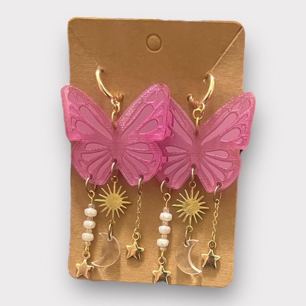 New Pink Butterfly Huggie Hopp Dangle Earrings with Gold Sun, Moon, Star